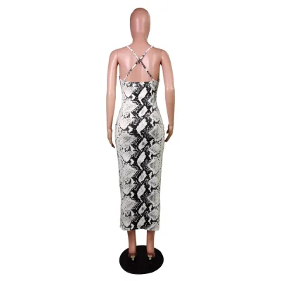 Sexy Print Backless Halter Midi Dress