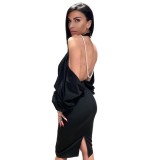 Sexy Black Backless Slit Midi Party Dress