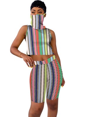 Summer Stripes Two Piece Sleeveless Shorts Set with Face Scarf