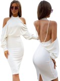 Sexy White Backless Slit Midi Party Dress