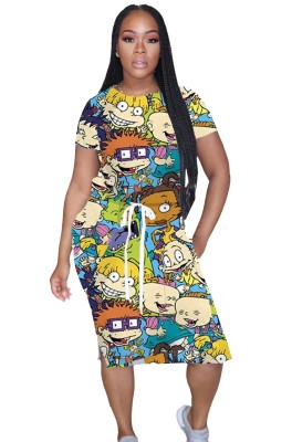 Summer Cartoon Print Drawstrings Shirt Dress