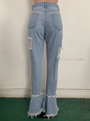 Stylish Blue Ripped Flare Jean Trousers