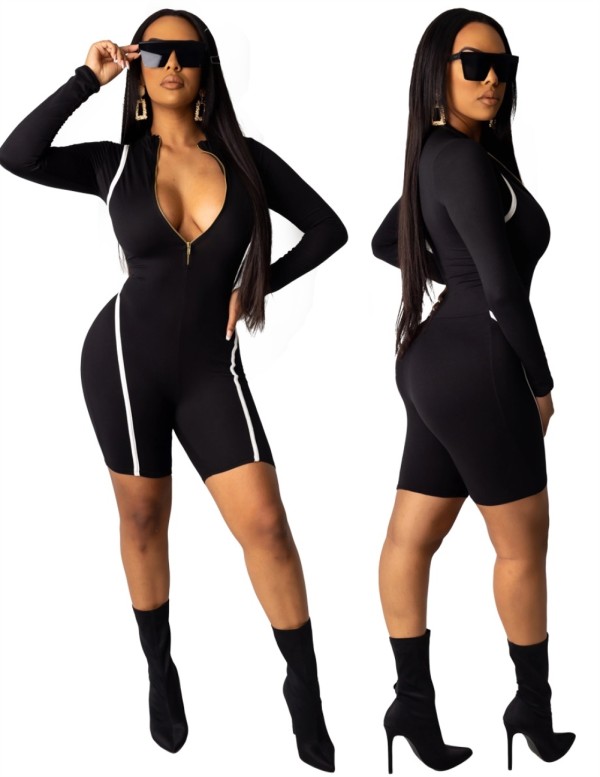 Summer Sports Long Sleeve Zipper Short Jumpsuit