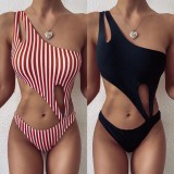 Striped One Shoulder Cut Out Swimwear