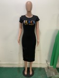 Summer Print Black Ripped Long Slim Shirt Dress