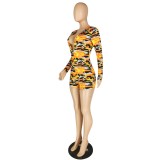 Sexy Camou Print Long Sleeve Deep-V Bodycon Rompers