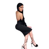 Sexy Black Backless Slit Midi Party Dress