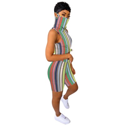 Summer Stripes Two Piece Sleeveless Shorts Set with Face Scarf