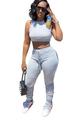 Summer Casual Grey Two Piece Stacked Pants Set