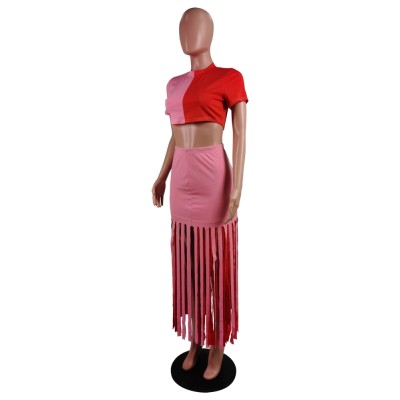 Summer Contrast Sexy Crop Top and Tassels Skirt Set