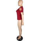 Summer O-Neck Red Basic Shirt with Mesh Sleeves