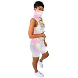 Summer Tie Dye Two Piece Sleeveless Shorts Set with Face Scarf