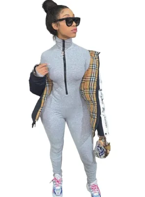 Sexy Solid Color Sporys Zipper Jumpsuit