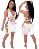 Summer Sexy Lace Up Tie Dye Cartoon Bodycon Rompers