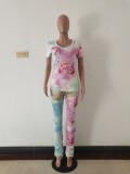 Summer Casual Two Piece Tie Dye Stacked Pants Set