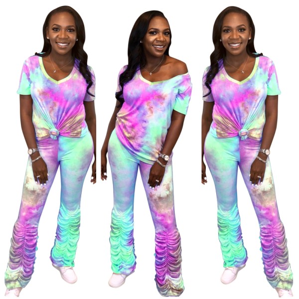 Summer Casual Two Piece Tie Dye Stacked Pants Set