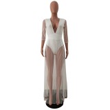 Summer White Sexy Slit Mesh Long Dress