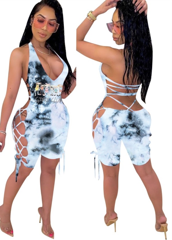 Summer Sexy Lace Up Tie Dye Cartoon Bodycon Rompers