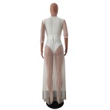 Summer White Sexy Slit Mesh Long Dress