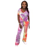 Summer Casual Two Piece Tie Dye Stacked Pants Set