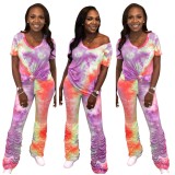 Summer Casual Two Piece Tie Dye Stacked Pants Set