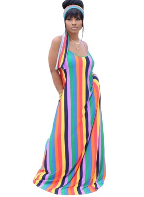 Summer Stripes Print Strap Long Maxi Dress