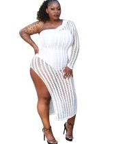 Plus Size White One Shoulder Fishnet Party Dress