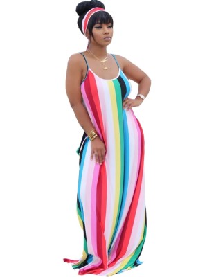 Summer Stripes Print Strap Long Maxi Dress