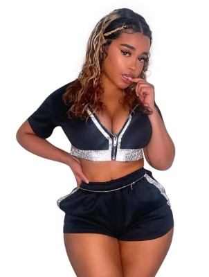 Plus Size Black and Silver Short Tracksuit