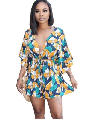 Summer Bat Sleeves V-Neck Floral Rompers