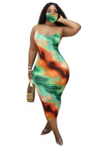 Summer Tie Dye Straps Midi Dress with Face Cover