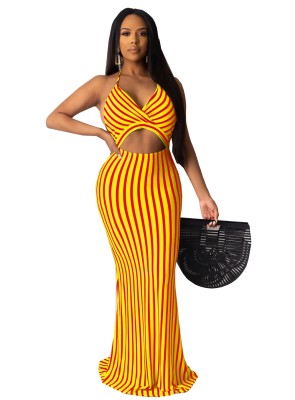 Sexy Striped Halter Long Dress