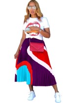 Summer Casual Print Shirt and Pleated Maxi Skirt
