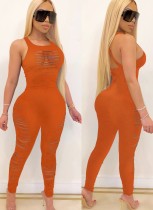 Solid Color Sexy Sleeveless Ripped Bodycon Jumpsuit