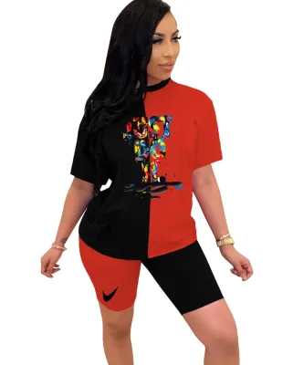 Summer Contrast Print Two Piece Biker Short Set