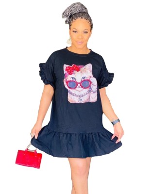 Summer Cat Print Mermaid Shirt Dress