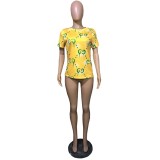 Summer Print Yellow O-Neck Fashion Shirt