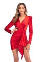 Elegant Red Long Sleeve Wrappd Mini Party Dress