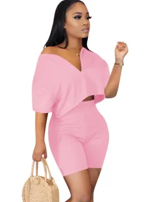 Summer Zipper Crop Top and Biker Short Set