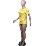 Summer Print Yellow O-Neck Fashion Shirt