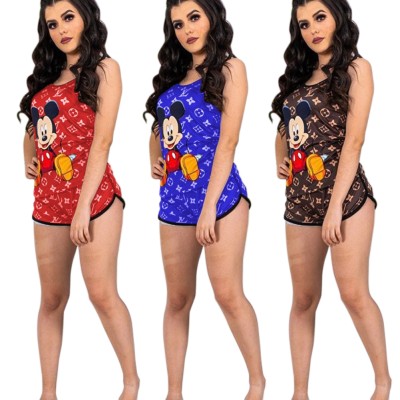 Summer Cartoon Print Cute Two Piece Shorts Pajama Set