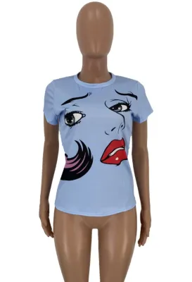 Summer Character Print O Neck Shirt