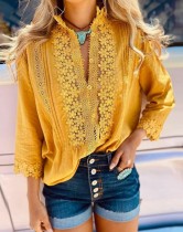 Yellow Floral Boho Shirt with 3/4 Sleeves