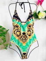 Print Retro One Piece Halter Swimwear