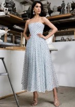 Sequins Silver Strapless Long Prom Dress