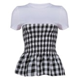 Summer Plaid Round Neck Peplum Shirt