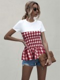 Summer Plaid Round Neck Peplum Shirt