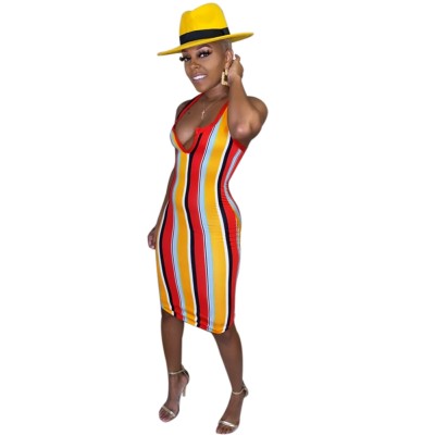 Multi Color Wide Stripes Midi Tank Dress