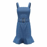 Sexy Blue Wide Straps Denim Dress with Belt