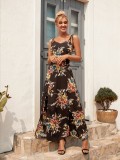 Summer Floral Black Straps Slit Long Dress